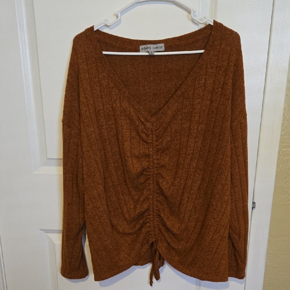 Absolutely Famous Rust Drawstring V-Neck Sweater. 1x